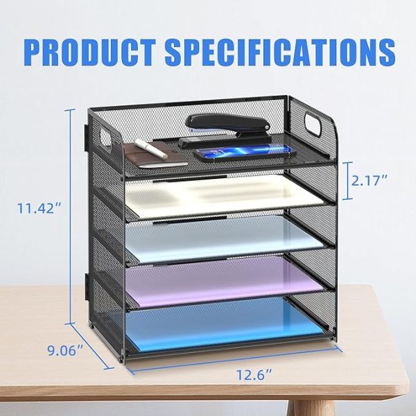 Supeasy 5 Trays Paper Organizer Letter Tray with Handle-Mesh Desk File Organizer, Paper Sorter Desk Organizer for Office, Home or School - Image 2