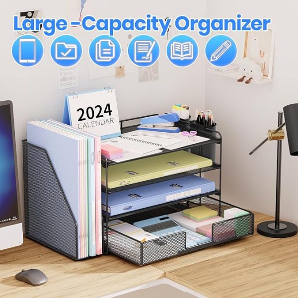 Desk Organizer and Accessories, 4-Tier Desktop File Organizer with Drawer and 2 Pen Holders, Office Desk Accessories for Office Supplies(Black) - Image 6