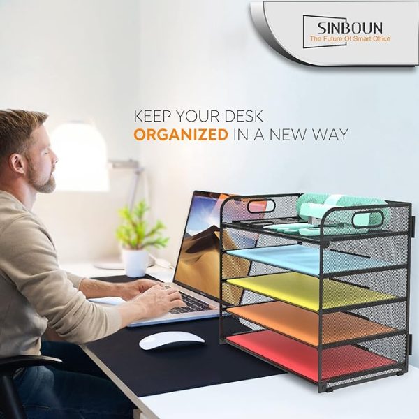 Letter Tray Paper Organizer 5-Tier Desk Organizer File Organizer Paper Holder with Handle, Metal Desktop Document Shelf Tray Office Classroom Organization - Black - Image 2