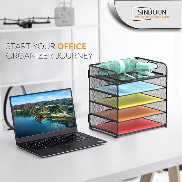 Letter Tray Paper Organizer 5-Tier Desk Organizer File Organizer Paper Holder with Handle, Metal Desktop Document Shelf Tray Office Classroom Organization - Black - Image 3