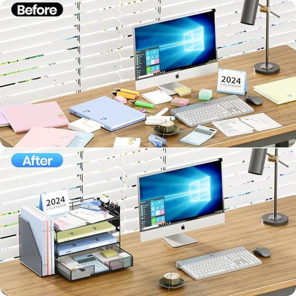 Desk Organizer and Accessories, 4-Tier Desktop File Organizer with Drawer and 2 Pen Holders, Office Desk Accessories for Office Supplies(Black) - Image 2