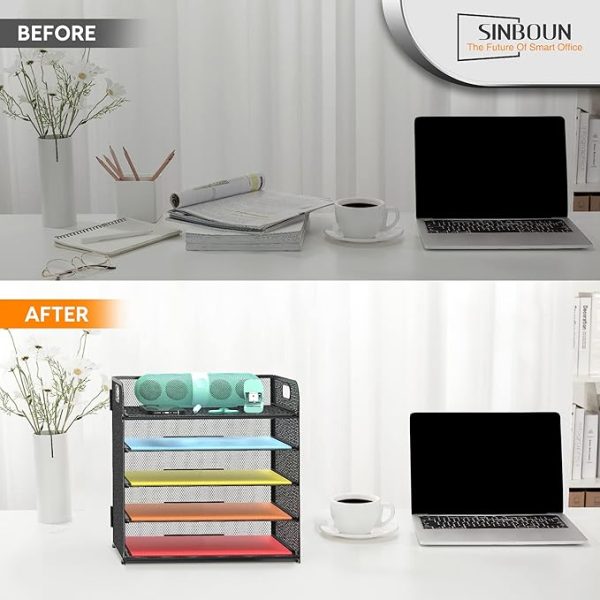 Letter Tray Paper Organizer 5-Tier Desk Organizer File Organizer Paper Holder with Handle, Metal Desktop Document Shelf Tray Office Classroom Organization - Black - Image 4