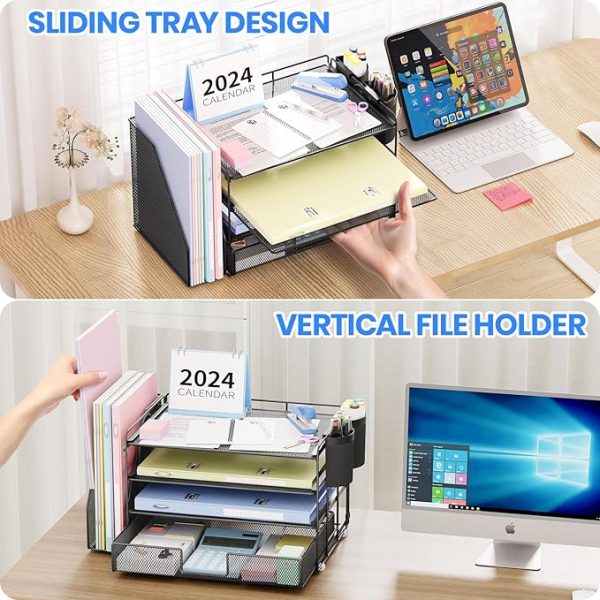 Desk Organizer and Accessories, 4-Tier Desktop File Organizer with Drawer and 2 Pen Holders, Office Desk Accessories for Office Supplies(Black) - Image 5