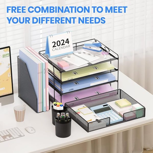 Desk Organizer and Accessories, 4-Tier Desktop File Organizer with Drawer and 2 Pen Holders, Office Desk Accessories for Office Supplies(Black) - Image 4