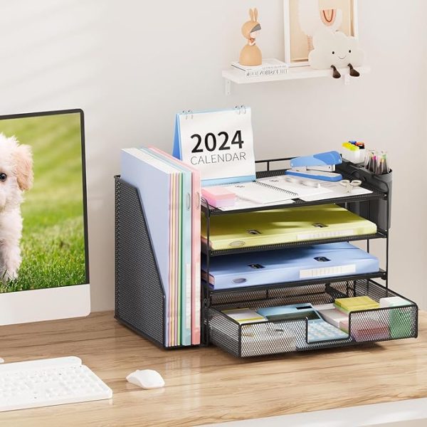 Desk Organizer and Accessories, 4-Tier Desktop File Organizer with Drawer and 2 Pen Holders, Office Desk Accessories for Office Supplies(Black) - Image 3