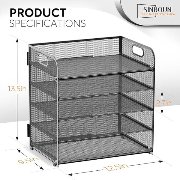 Letter Tray Paper Organizer 5-Tier Desk Organizer File Organizer Paper Holder with Handle, Metal Desktop Document Shelf Tray Office Classroom Organization - Black - Image 6