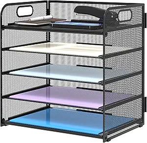 Supeasy 5 Trays Paper Organizer Letter Tray with Handle-Mesh Desk File Organizer, Paper Sorter Desk Organizer for Office, Home or School